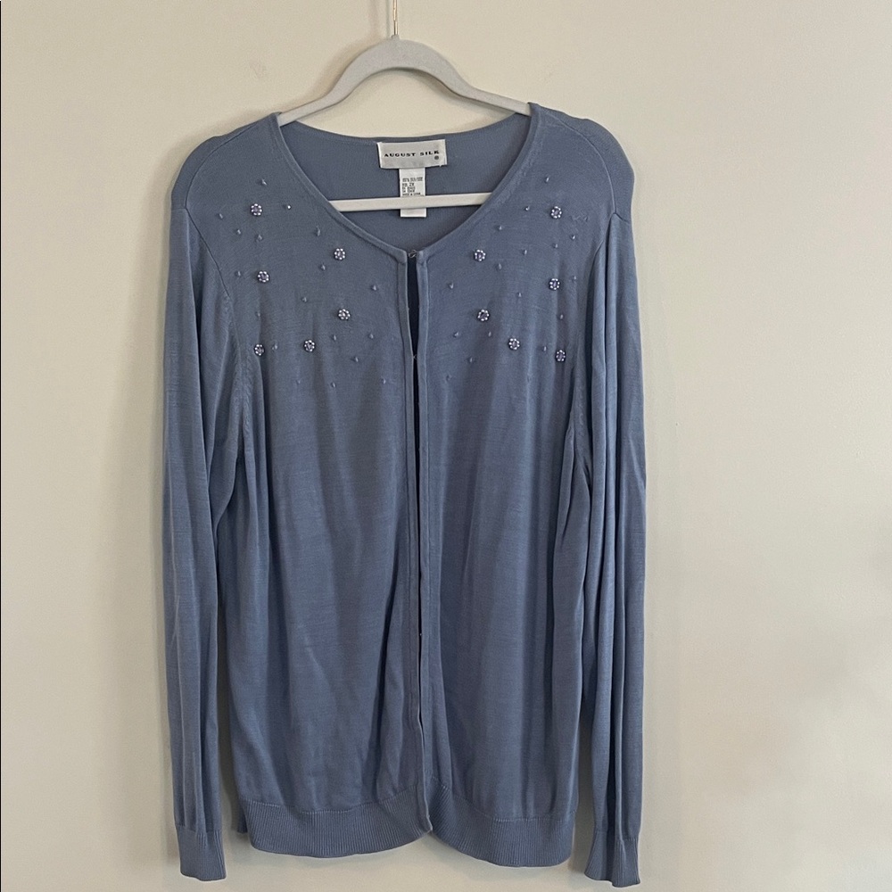 Vintage August Silk Cardigan Sweater Beaded Floral Blue Purple Glam 2X Feminine‎